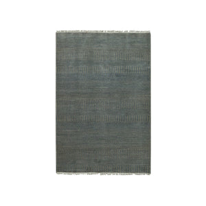 3'1"x5' Nickel Color, Wool and Silk Hand Knotted, Grass Design Dense Weave, Tone on Tone Soft to the Touch, Oriental Rug FWR476094