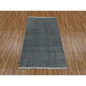 3'1"x5' Nickel Color, Wool and Silk Hand Knotted, Grass Design Dense Weave, Tone on Tone Soft to the Touch, Oriental Rug FWR476094