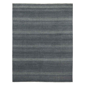 8'1"x10'1" Yankees Blue, Tone on Tone Soft Pile, Wool and Silk Hand Knotted, Grass Design Densely Woven, Oriental Rug FWR476172