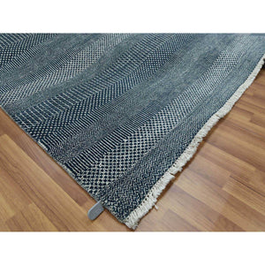8'1"x10'1" Yankees Blue, Tone on Tone Soft Pile, Wool and Silk Hand Knotted, Grass Design Densely Woven, Oriental Rug FWR476172