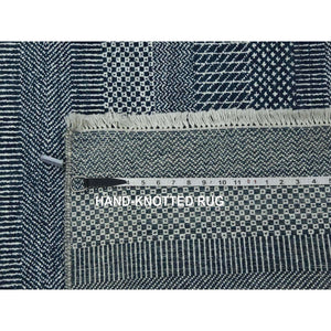 8'1"x10'1" Yankees Blue, Tone on Tone Soft Pile, Wool and Silk Hand Knotted, Grass Design Densely Woven, Oriental Rug FWR476172