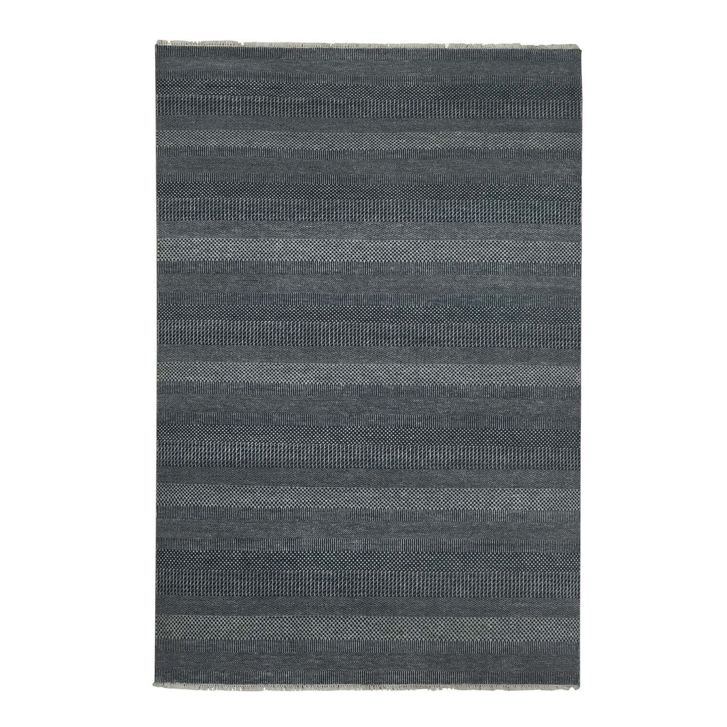 6'x9' Yankees Blue, Densely Woven Tone on Tone, Soft to the Touch Wool and Silk, Hand Knotted Grass Design, Oriental Rug FWR476178
