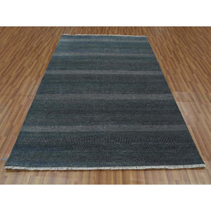 6'x9' Yankees Blue, Densely Woven Tone on Tone, Soft to the Touch Wool and Silk, Hand Knotted Grass Design, Oriental Rug FWR476178