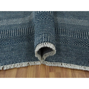 6'x9' Yankees Blue, Densely Woven Tone on Tone, Soft to the Touch Wool and Silk, Hand Knotted Grass Design, Oriental Rug FWR476178