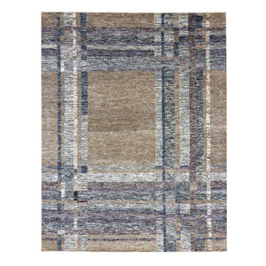 8'2"x10'2" Almond Brown, Modern Geometric Opened Up Plaid Design, 100% Wool Hand Knotted, Oriental Rug FWR476268