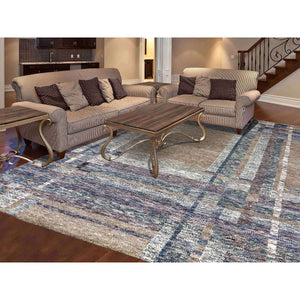 8'2"x10'2" Almond Brown, Modern Geometric Opened Up Plaid Design, 100% Wool Hand Knotted, Oriental Rug FWR476268