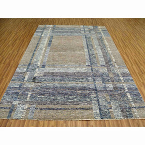 8'2"x10'2" Almond Brown, Modern Geometric Opened Up Plaid Design, 100% Wool Hand Knotted, Oriental Rug FWR476268