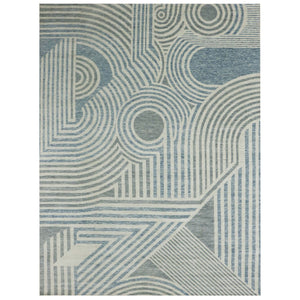 12'2"x15'2" Steel Blue, Hand Knotted Geometric Art Deco Collection, Soft to the Touch 100% Wool, Oversized Oriental Rug FWR476460
