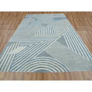 10'1"x14' Steel Blue, Soft Wool Hand Knotted, Geometric Art Deco Collection Soft to the Touch, Oriental Rug FWR476472