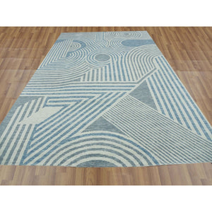 10'1"x14' Steel Blue, Soft Wool Hand Knotted, Geometric Art Deco Collection Soft to the Touch, Oriental Rug FWR476472