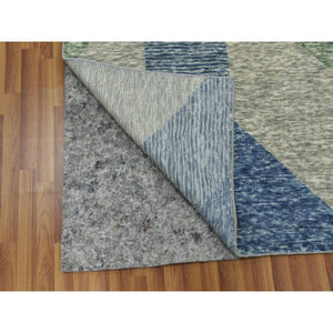 9'x12'2" Camouflage Green, Geometric Art Deco Collection, Pure Wool Hand Knotted, Oriental Rug FWR476502