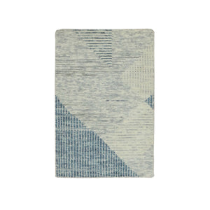 2'x3' Stone Blue, Hand Knotted Geometric Art Deco Collection, Soft Wool, Mat Oriental Rug FWR476544