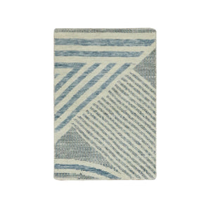 2'x3' Steel Blue, Geometric Art Deco Collection Soft to the Touch, Natural Wool Hand Knotted, Mat Oriental Rug FWR476592
