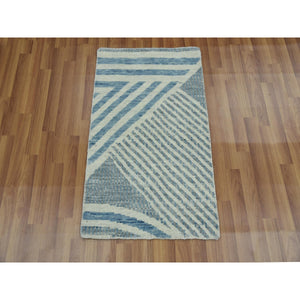 2'x3' Steel Blue, Geometric Art Deco Collection Soft to the Touch, Natural Wool Hand Knotted, Mat Oriental Rug FWR476592