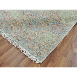 9'2"x12' Green, Tone on tone Obscured and Subtle, Natural Dyes, Soft Wool, Hand Knotted Oriental Rug FWR476604