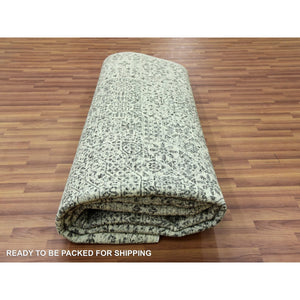 9'1"x12' Ghost White, Hand Knotted, Mamluk Dynasty, Tone on Tone Design, Undyed 100% Wool, Oriental Rug FWR476814