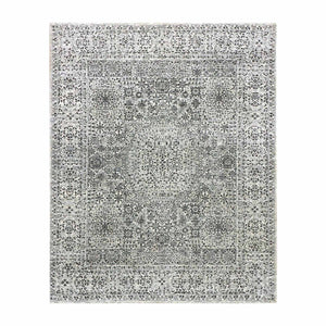 8'x9'10" Ghost White, Tone on Tone Design, Undyed 100% Wool, Hand Knotted, Mamluk Dynasty, Oriental Rug FWR476826