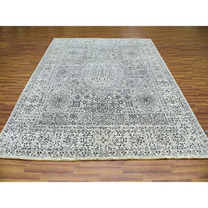 8'x9'10" Ghost White, Tone on Tone Design, Undyed 100% Wool, Hand Knotted, Mamluk Dynasty, Oriental Rug FWR476826
