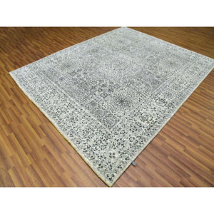 8'x9'10" Ghost White, Tone on Tone Design, Undyed 100% Wool, Hand Knotted, Mamluk Dynasty, Oriental Rug FWR476826