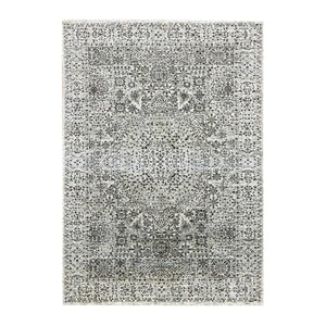 6'1"x9'3" Ghost White, Hand Knotted, Mamluk Dynasty, Tone on Tone Design, Undyed 100% Wool, Oriental Rug FWR476838