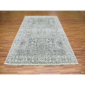 6'1"x9'3" Ghost White, Hand Knotted, Mamluk Dynasty, Tone on Tone Design, Undyed 100% Wool, Oriental Rug FWR476838