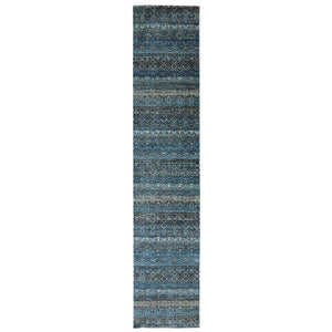 2'5"x12' Yale Blue, Kohinoor Herat Small Geometric Repetitive Design, 100% Plush Wool, Hand Knotted, Runner Oriental Rug FWR476994