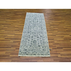 2'6"x6' Ghost White, Tone on Tone Design, Undyed 100% Wool, Hand Knotted, Mamluk Dynasty, Runner Oriental Rug FWR477006