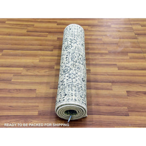 2'6"x6' Ghost White, Tone on Tone Design, Undyed 100% Wool, Hand Knotted, Mamluk Dynasty, Runner Oriental Rug FWR477006