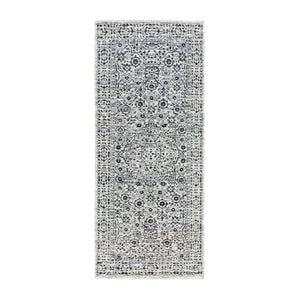 2'7"x6' Ghost White, Mamluk Dynasty, Tone on Tone Design, Undyed 100% Wool, Hand Knotted, Runner Oriental Rug FWR477012