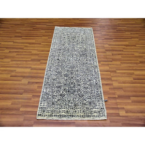 2'7"x6' Ghost White, Mamluk Dynasty, Tone on Tone Design, Undyed 100% Wool, Hand Knotted, Runner Oriental Rug FWR477012
