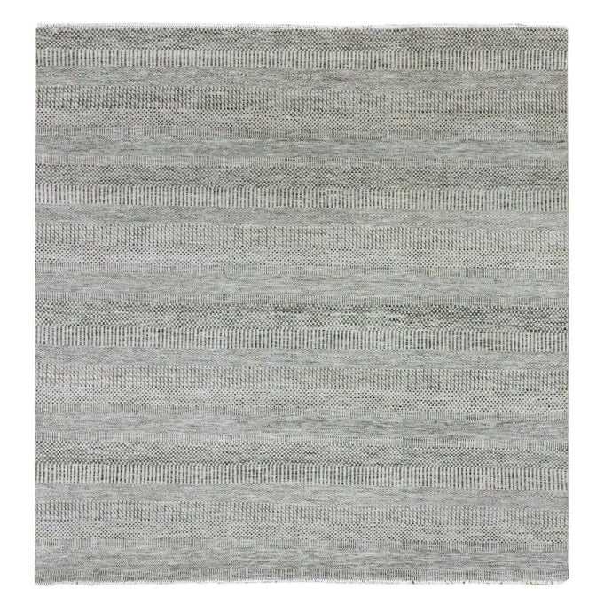 8'x8' Silver Gray, Modern Grass Design, Tone on Tone, Undyed 100% Wool, Hand Knotted, Square Oriental Rug FWR477354