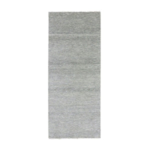 4'1"x12'1" Gentle Gray, Modern Tone on Tone Grass Design, Hand Knotted, Undyed Organic Wool, Runner Oriental Rug FWR477408