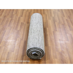 2'7"x8' Power Gray, Modern Tone on Tone Grass Design, Hand Knotted, Undyed Organic Wool, Runner Oriental Rug FWR477444