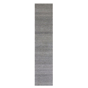 2'6"x15'10" Ice Gray, Modern Hand Knotted Grass Design, Organic Undyed Wool, Tone on Tone, XL Runner Oriental Rug FWR477492