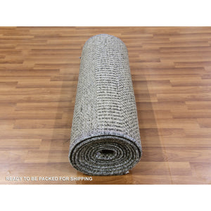 2'6"x15'10" Ice Gray, Modern Hand Knotted Grass Design, Organic Undyed Wool, Tone on Tone, XL Runner Oriental Rug FWR477492
