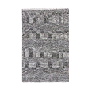 3'1"x5' Pebble and Gainsboro Gray, Modern Grass Design, Tone on Tone, Undyed 100% Wool, Hand Knotted, Oriental Rug FWR477624