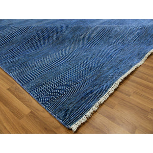 8'2"x10' Braves Navy Blue, Densely Woven, Dyed, Wool and Silk, Hand Knotted Modern Grass Design, Tone on Tone, Soft Pile, Oriental Rug FWR477672