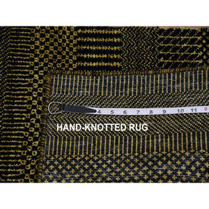 2'1"x3'1" Asphalt Black, Tone on Tone, Modern Grass Design, Dyed Natural Wool, Hand Knotted, Mat Oriental Rug FWR477774