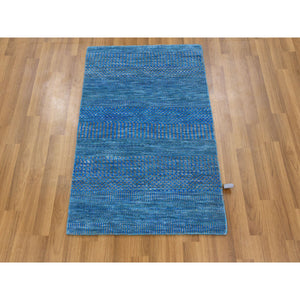 2'1"x3'1" Sapphire Blue, Modern Hand Knotted Grass Design, Tone on Tone Dyed Pure Wool, Mat Oriental Rug FWR477816