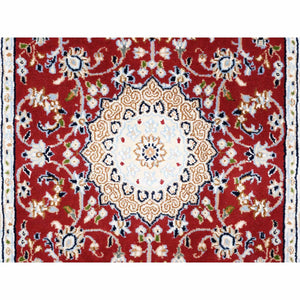 2'8"x12'1" Cherry Red, Nain with Center Medallion Flower Design, 250 KPSI, Wool, Hand Knotted, Runner, Oriental Rug FWR480126