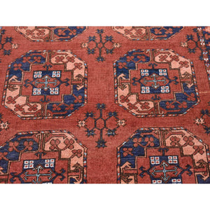 4'x6'8" Coral Red, Afghan Ersari with Geometric Elephant Feet Design, Soft Wool, Hand Knotted, Oriental Rug FWR480270