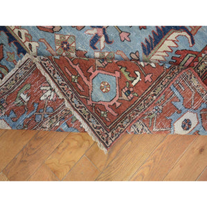 8'7"x12' Terracotta Red with Light Blue Corners, Antique Persian Serapi Heriz Abrash Flower Medallion, Clean Good Condition Evenly Worn Hand Knotted Pure Wool Oriental Rug FWR480312