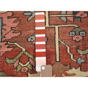 8'7"x12' Terracotta Red with Light Blue Corners, Antique Persian Serapi Heriz Abrash Flower Medallion, Clean Good Condition Evenly Worn Hand Knotted Pure Wool Oriental Rug FWR480312