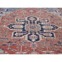 Load image into Gallery viewer, 8&#39;7&quot;x12&#39; Terracotta Red with Light Blue Corners, Antique Persian Serapi Heriz Abrash Flower Medallion, Clean Good Condition Evenly Worn Hand Knotted Pure Wool Oriental Rug FWR480312