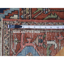 Load image into Gallery viewer, 8&#39;7&quot;x12&#39; Terracotta Red with Light Blue Corners, Antique Persian Serapi Heriz Abrash Flower Medallion, Clean Good Condition Evenly Worn Hand Knotted Pure Wool Oriental Rug FWR480312