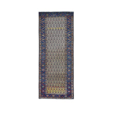 Load image into Gallery viewer, 4&#39;x10&#39;3&quot; Yellow, Antique Persian Bakshaish Abrash Paisley Design with Serrated Leaf Border, Excellent Condition Pure Wool, Clean Hand Knotted, Wide Runner Oriental Rug FWR480348