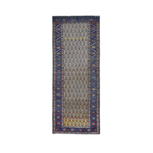 Load image into Gallery viewer, 4&#39;x10&#39;3&quot; Yellow, Antique Persian Bakshaish Abrash Paisley Design with Serrated Leaf Border, Excellent Condition Pure Wool, Clean Hand Knotted, Wide Runner Oriental Rug FWR480348