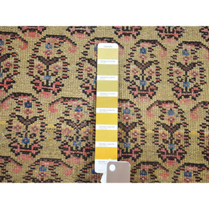4'x10'3" Yellow, Antique Persian Bakshaish Abrash Paisley Design with Serrated Leaf Border, Excellent Condition Pure Wool, Clean Hand Knotted, Wide Runner Oriental Rug FWR480348