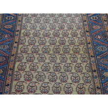 Load image into Gallery viewer, 4&#39;x10&#39;3&quot; Yellow, Antique Persian Bakshaish Abrash Paisley Design with Serrated Leaf Border, Excellent Condition Pure Wool, Clean Hand Knotted, Wide Runner Oriental Rug FWR480348