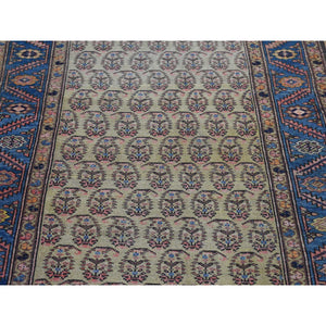 4'x10'3" Yellow, Antique Persian Bakshaish Abrash Paisley Design with Serrated Leaf Border, Excellent Condition Pure Wool, Clean Hand Knotted, Wide Runner Oriental Rug FWR480348